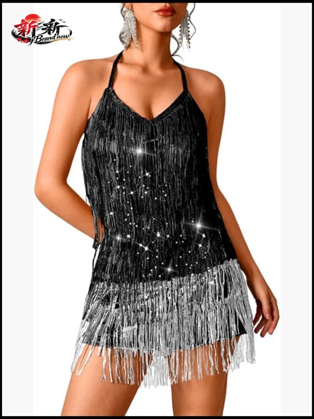 Glitter Romper Dress with Sequin Fringe, Open Back Short Jumpsuit for Rave